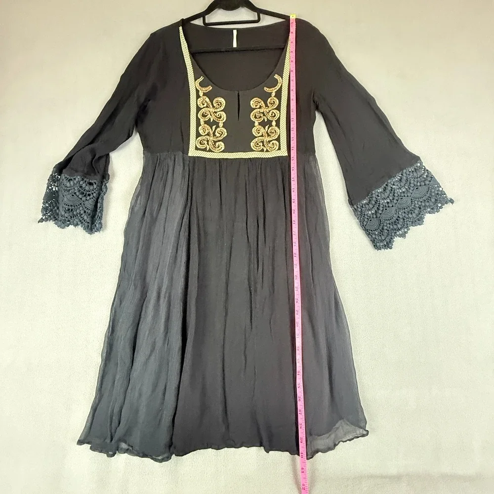 Free People Mini Dress Small Black Gold Embroidered Lace Bell Sleeve Boho Witchy